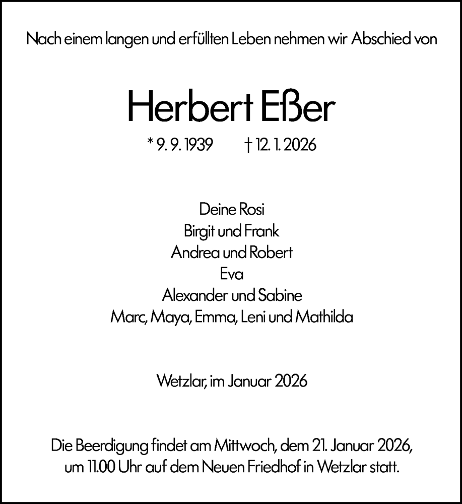  Traueranzeige für Herbert Eßer vom 17.01.2026 aus Wetzlarer Neue Zeitung