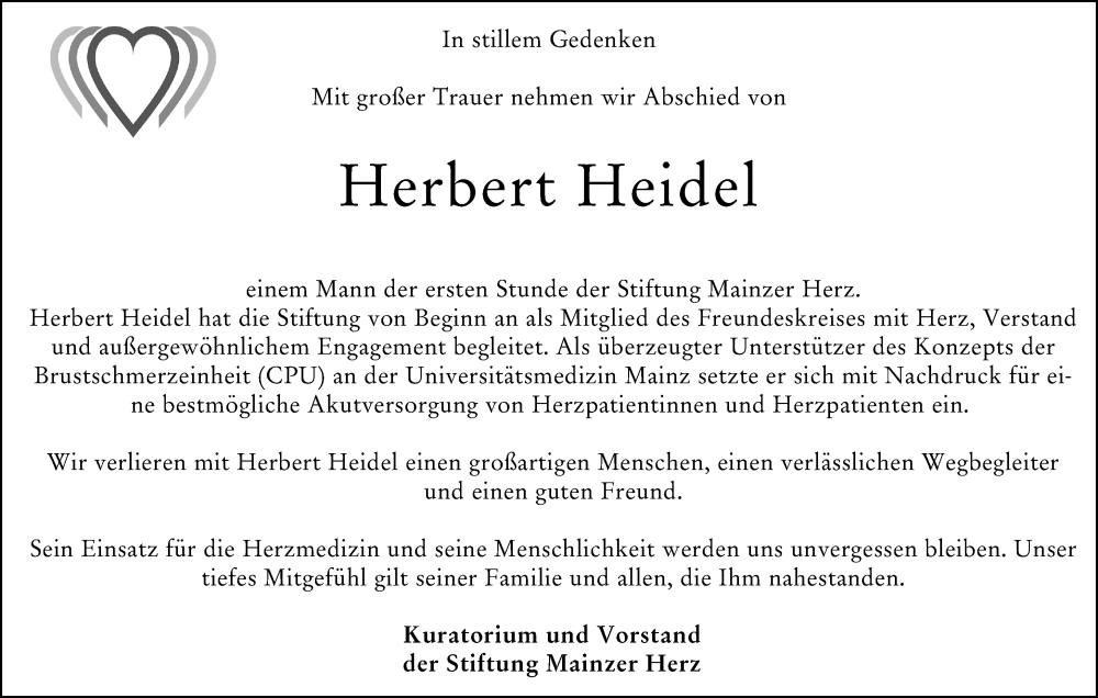  Traueranzeige für Herbert Heidel vom 17.01.2026 aus Allgemeine Zeitung Mainz