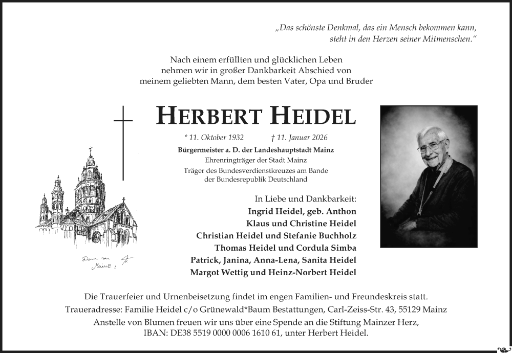  Traueranzeige für Herbert Heidel vom 17.01.2026 aus Allgemeine Zeitung Mainz