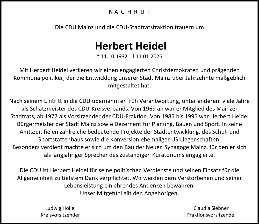  Traueranzeige für Herbert Heidel vom 17.01.2026 aus Allgemeine Zeitung Mainz