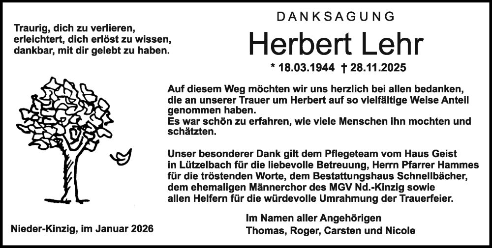  Traueranzeige für Herbert Lehr vom 10.01.2026 aus Odenwälder Echo