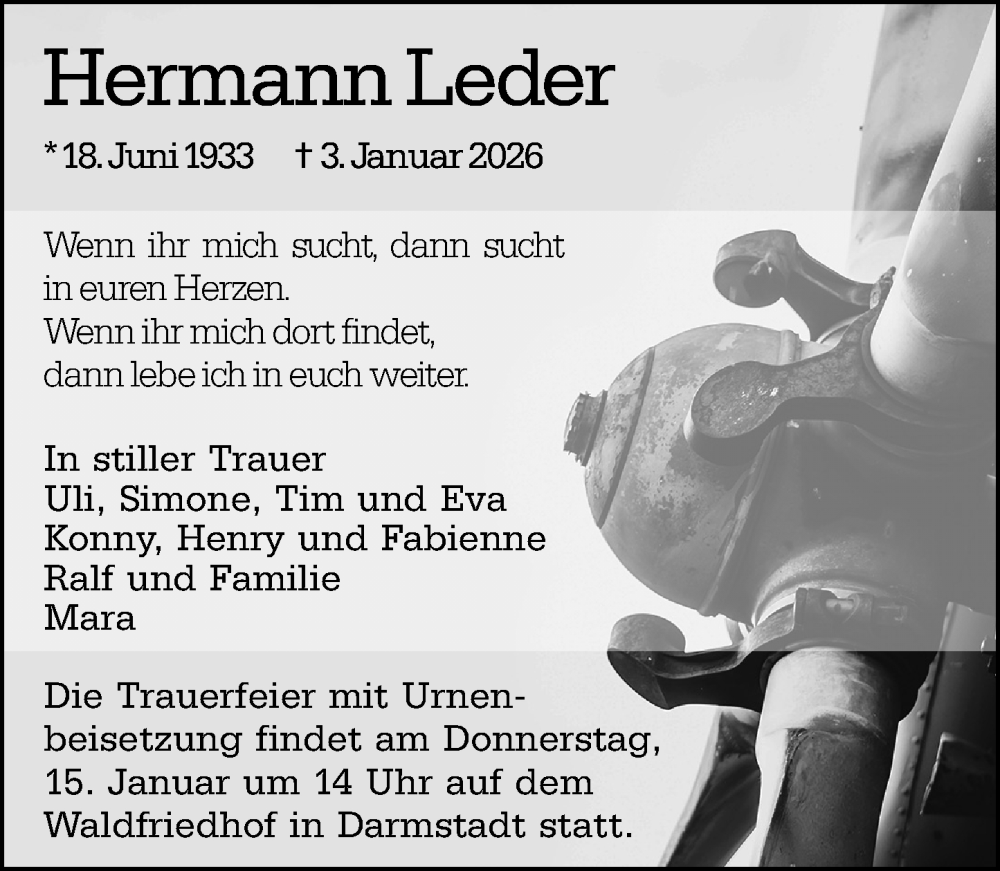 Traueranzeige für Hermann Leder vom 10.01.2026 aus Groß-Gerauer Echo