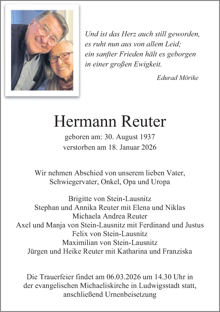 Traueranzeige für Hermann Reuter vom 31.01.2026 aus Wiesbadener Kurier