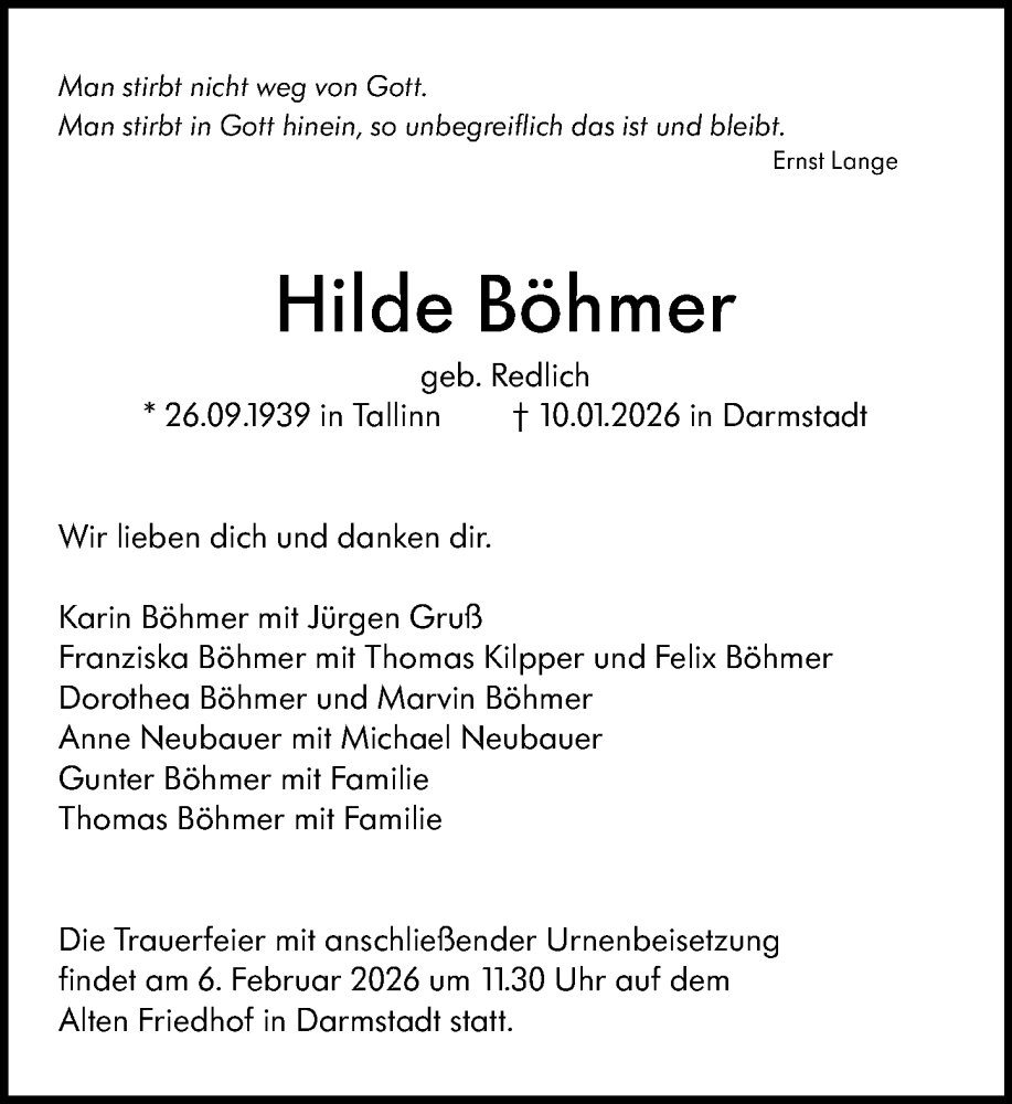  Traueranzeige für Hilde Böhmer vom 17.01.2026 aus Darmstädter Echo