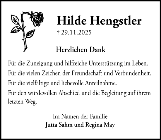 Traueranzeige von Hilde Hengstler von Wiesbadener Kurier