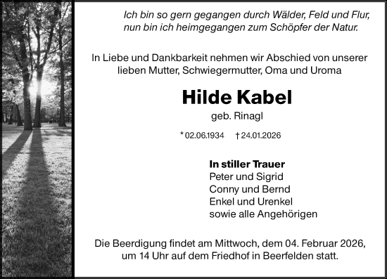 Traueranzeige von Hilde Kabel von Odenwälder Echo