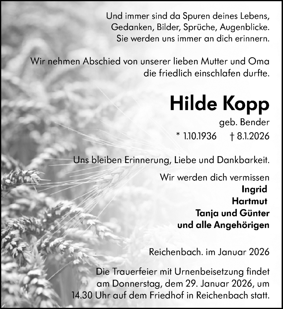  Traueranzeige für Hilde Kopp vom 22.01.2026 aus Camberger Anzeiger