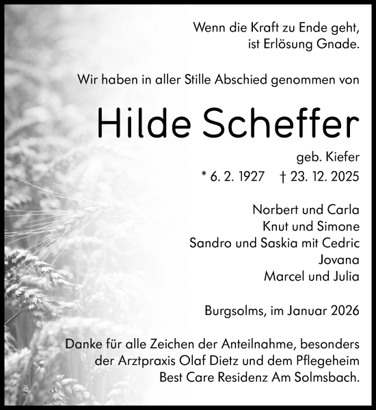 Traueranzeige von Hilde Scheffer von Wetzlarer Neue Zeitung