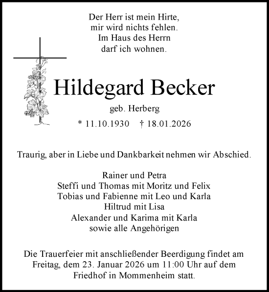 Traueranzeige von Hildegard Becker von Allgemeine Zeitung Mainz