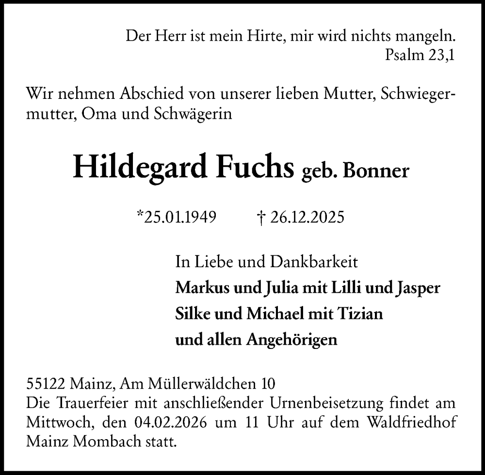  Traueranzeige für Hildegard Fuchs vom 24.01.2026 aus Allgemeine Zeitung Mainz