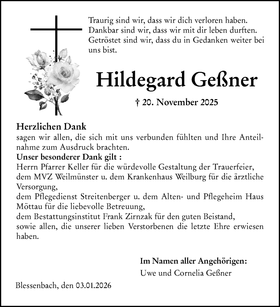  Traueranzeige für Hildegard Geßner vom 03.01.2026 aus Weilburger Tageblatt