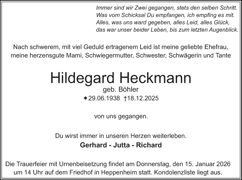  Traueranzeige für Hildegard Heckmann vom 10.01.2026 aus Starkenburger Echo