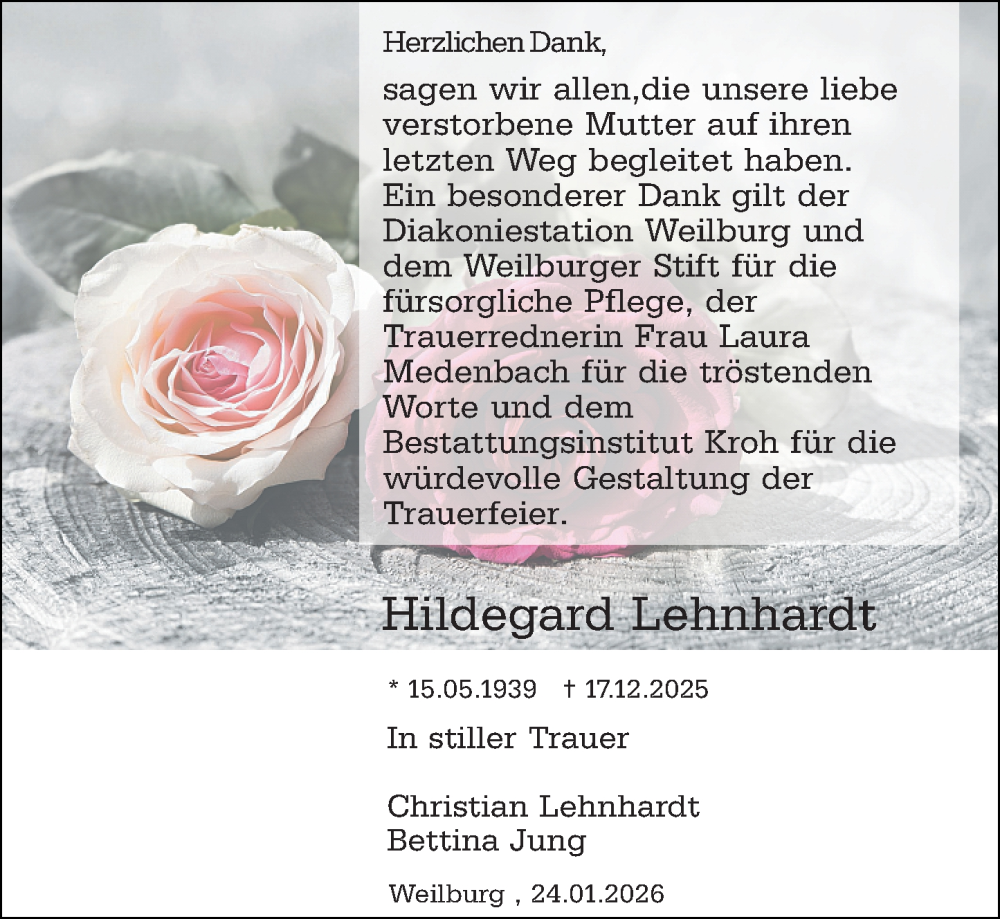  Traueranzeige für Hildegard Lehnhardt vom 24.01.2026 aus Weilburger Tageblatt