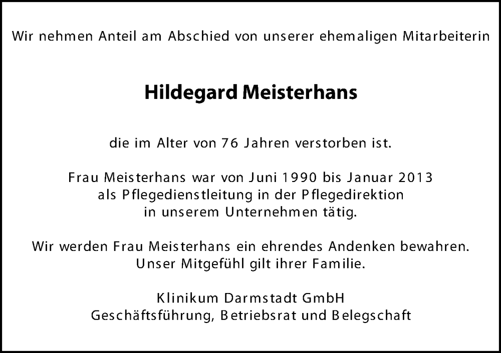  Traueranzeige für Hildegard Meisterhans vom 24.01.2026 aus Darmstädter Echo