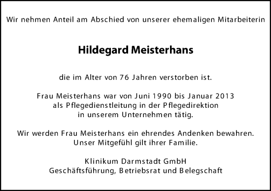 Traueranzeige von Hildegard Meisterhans von Darmstädter Echo