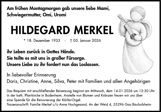 Traueranzeige von Hildegard Merkel von Allgemeine Zeitung Mainz