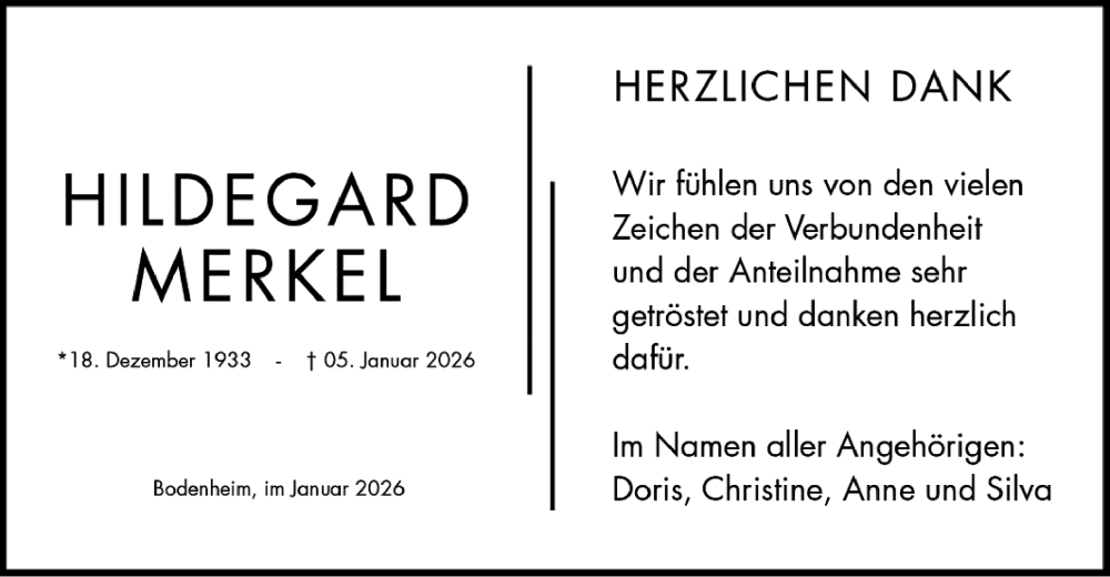  Traueranzeige für Hildegard Merkel vom 31.01.2026 aus Allgemeine Zeitung Mainz