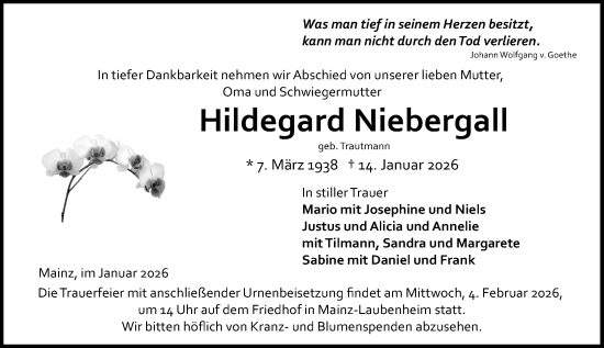 Traueranzeige von Hildegard Niebergall von Allgemeine Zeitung Mainz