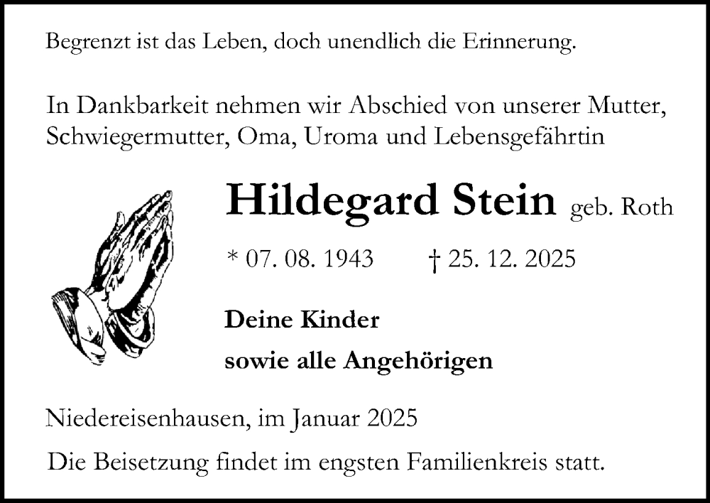  Traueranzeige für Hildegard Stein vom 10.01.2026 aus Hinterländer Anzeiger