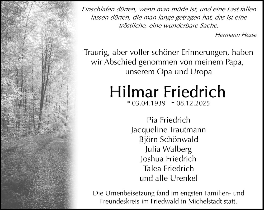  Traueranzeige für Hilmar Friedrich vom 31.01.2026 aus Odenwälder Echo