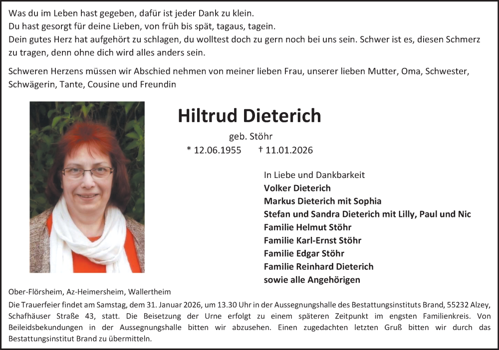  Traueranzeige für Hiltrud Dieterich vom 24.01.2026 aus Allgemeine Zeitung Alzey