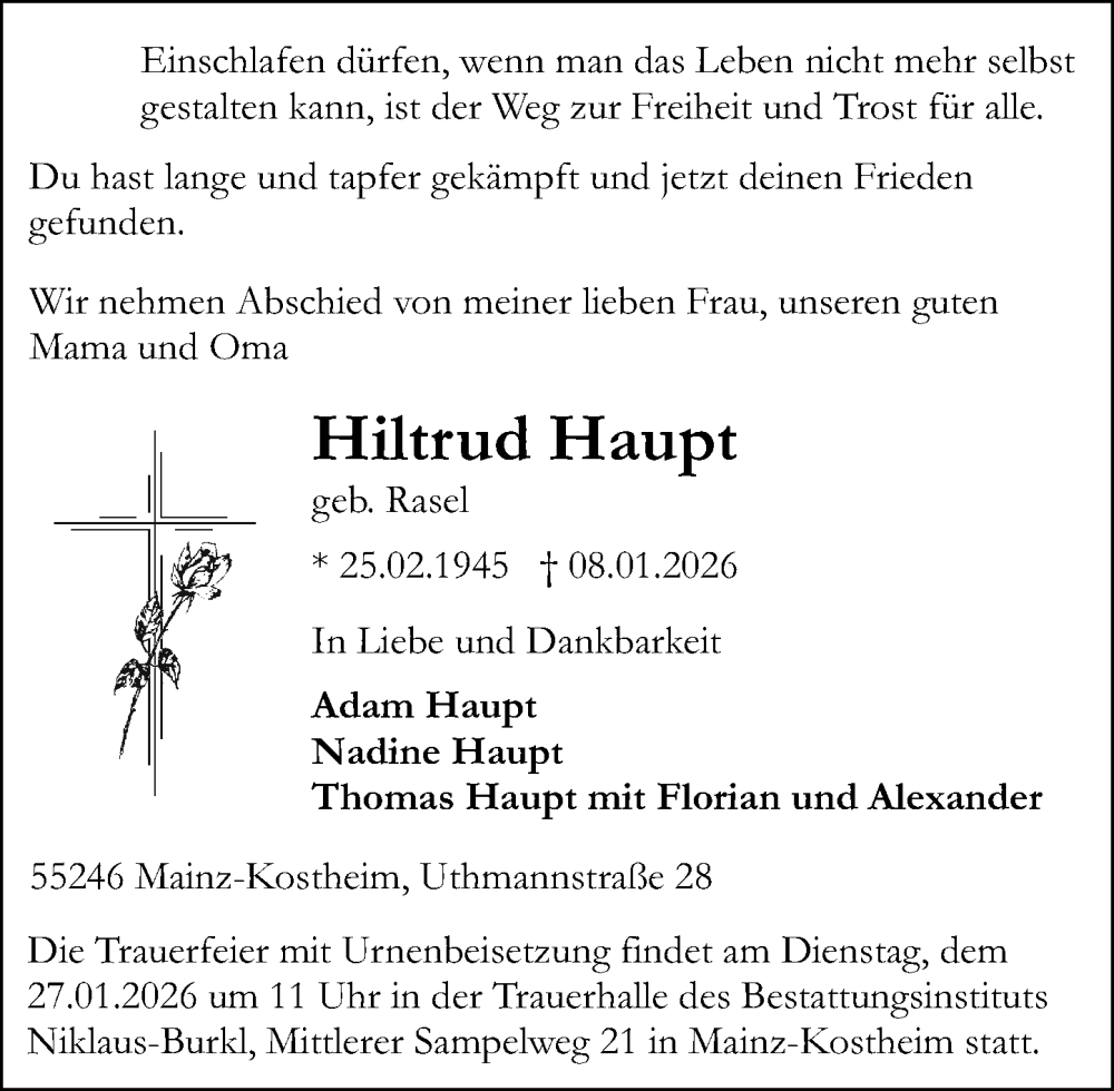  Traueranzeige für Hiltrud Haupt vom 24.01.2026 aus Allgemeine Zeitung Mainz