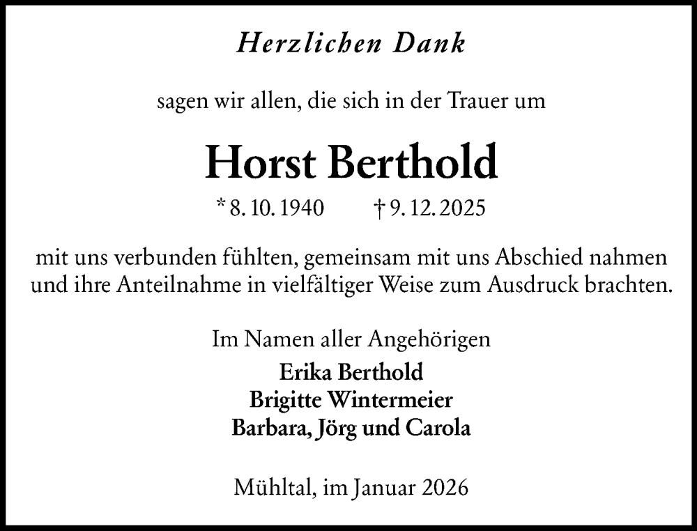  Traueranzeige für Horst Berthold vom 10.01.2026 aus Darmstädter Echo