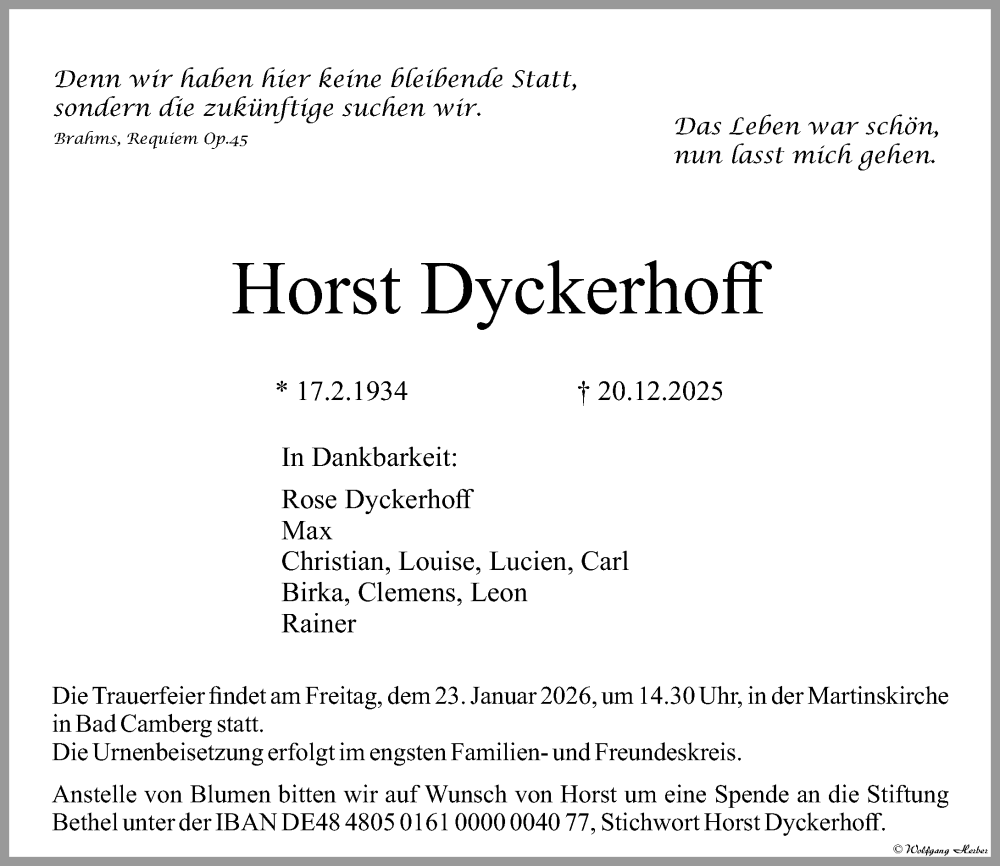  Traueranzeige für Horst Dyckerhoff vom 10.01.2026 aus Nassauische Neue Presse