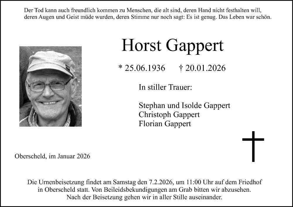  Traueranzeige für Horst Gappert vom 29.01.2026 aus Dill Block