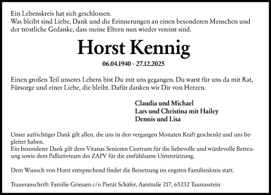 Traueranzeige von Horst Kennig von Wiesbadener Kurier