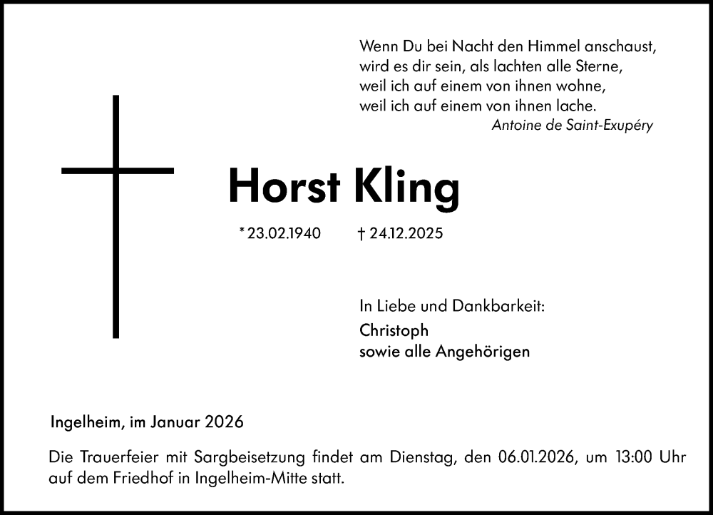  Traueranzeige für Horst Kling vom 03.01.2026 aus Allgemeine Zeitung Rheinhessen-Nahe