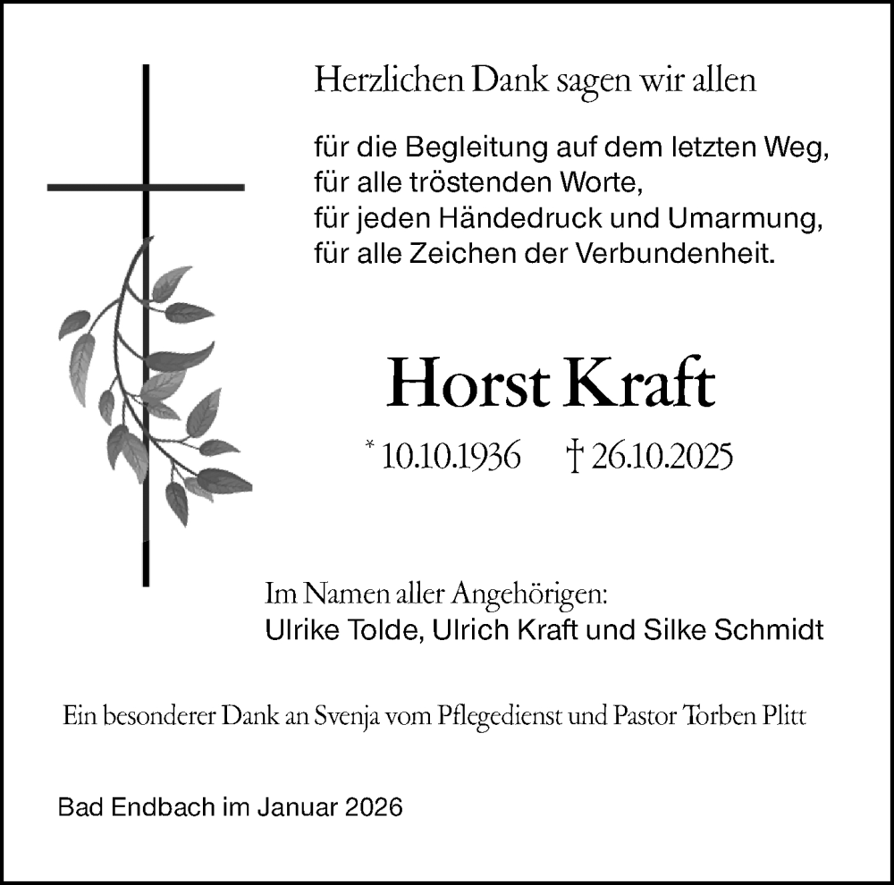  Traueranzeige für Horst Kraft vom 31.01.2026 aus Hinterländer Anzeiger