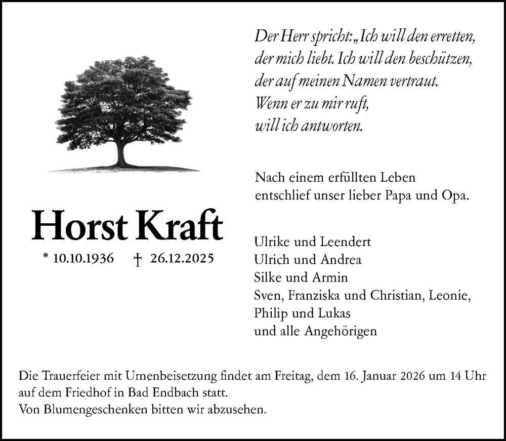 Traueranzeige für Horst Kraft vom 13.01.2026 aus Hinterländer Anzeiger