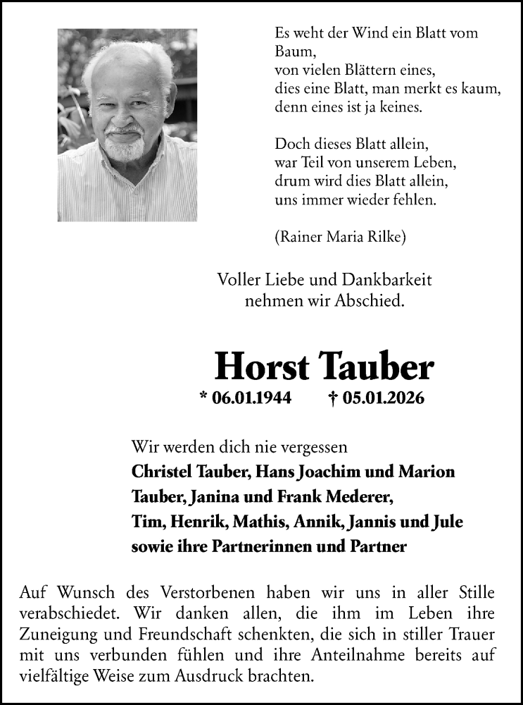  Traueranzeige für Horst Tauber vom 24.01.2026 aus Starkenburger Echo