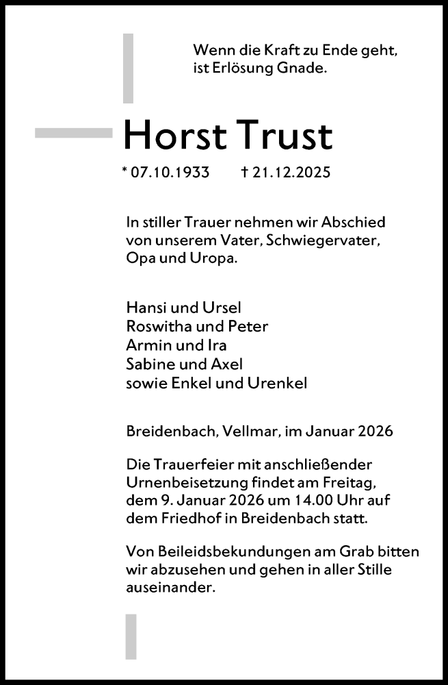  Traueranzeige für Horst Trust vom 06.01.2026 aus Hinterländer Anzeiger