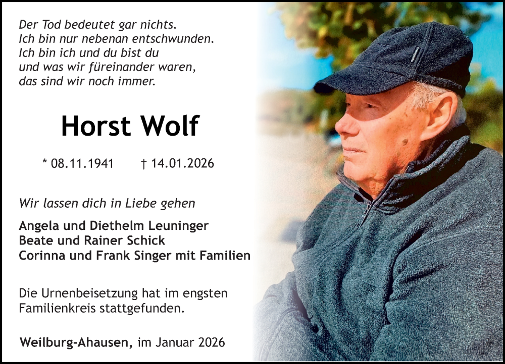  Traueranzeige für Horst Wolf vom 24.01.2026 aus Weilburger Tageblatt