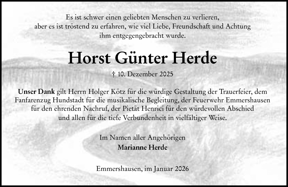  Traueranzeige für Horst Günter Herde vom 17.01.2026 aus Weilburger Tageblatt