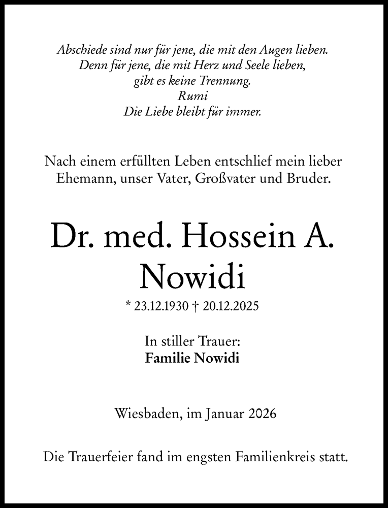  Traueranzeige für Hossein A. Nowidi vom 12.01.2026 aus Wiesbadener Kurier