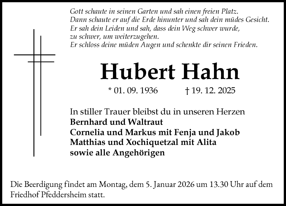  Traueranzeige für Hubert Hahn vom 03.01.2026 aus Alzeyer Wochenblatt
