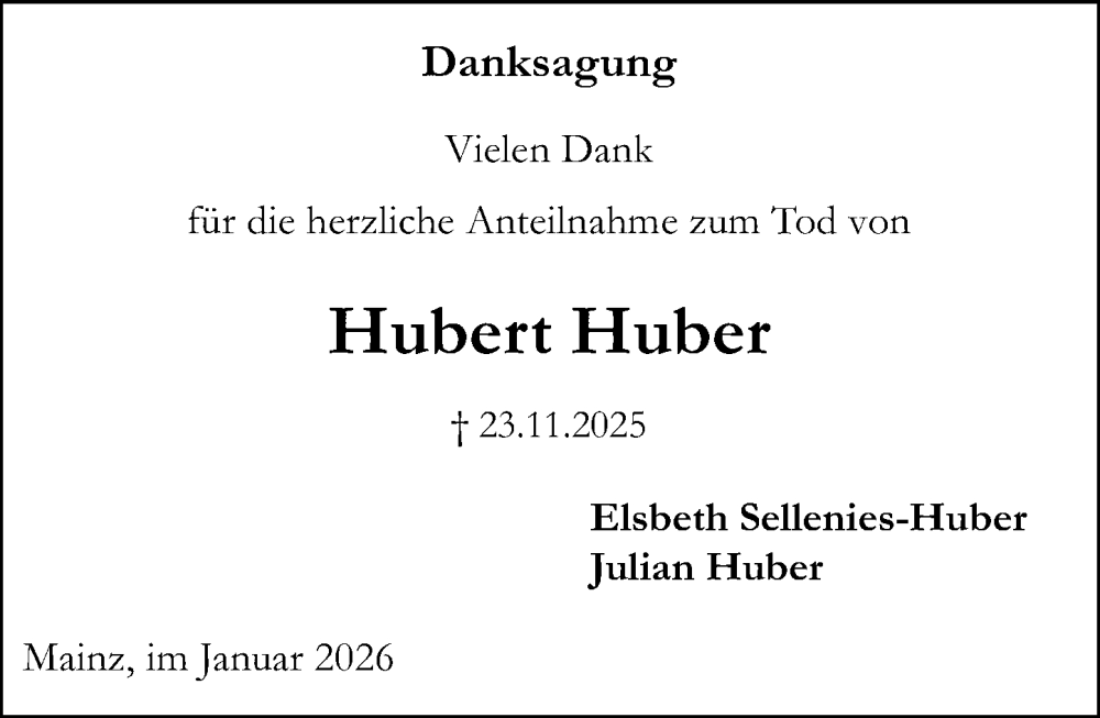  Traueranzeige für Hubert Huber vom 24.01.2026 aus Allgemeine Zeitung Mainz