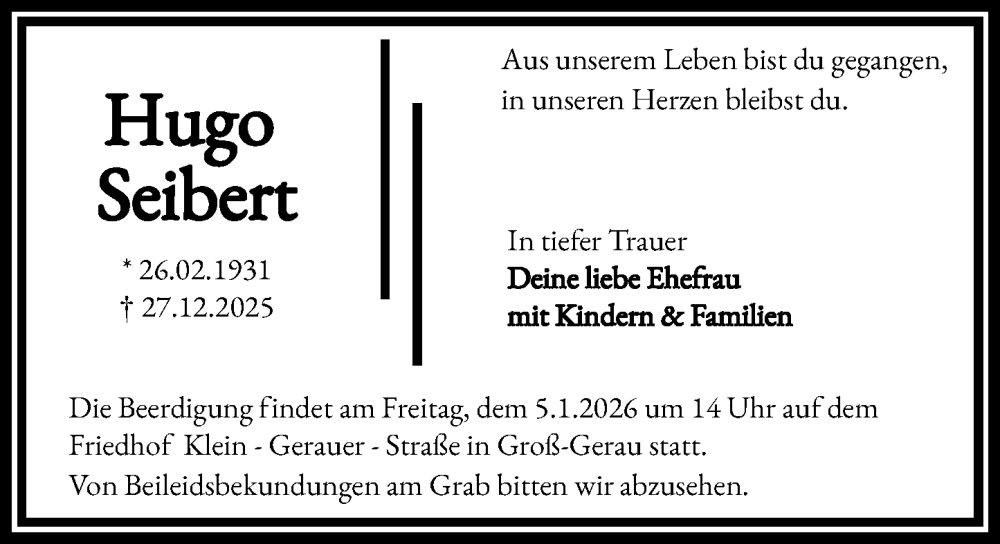  Traueranzeige für Hugo Seibert vom 03.01.2026 aus Groß-Gerauer Echo