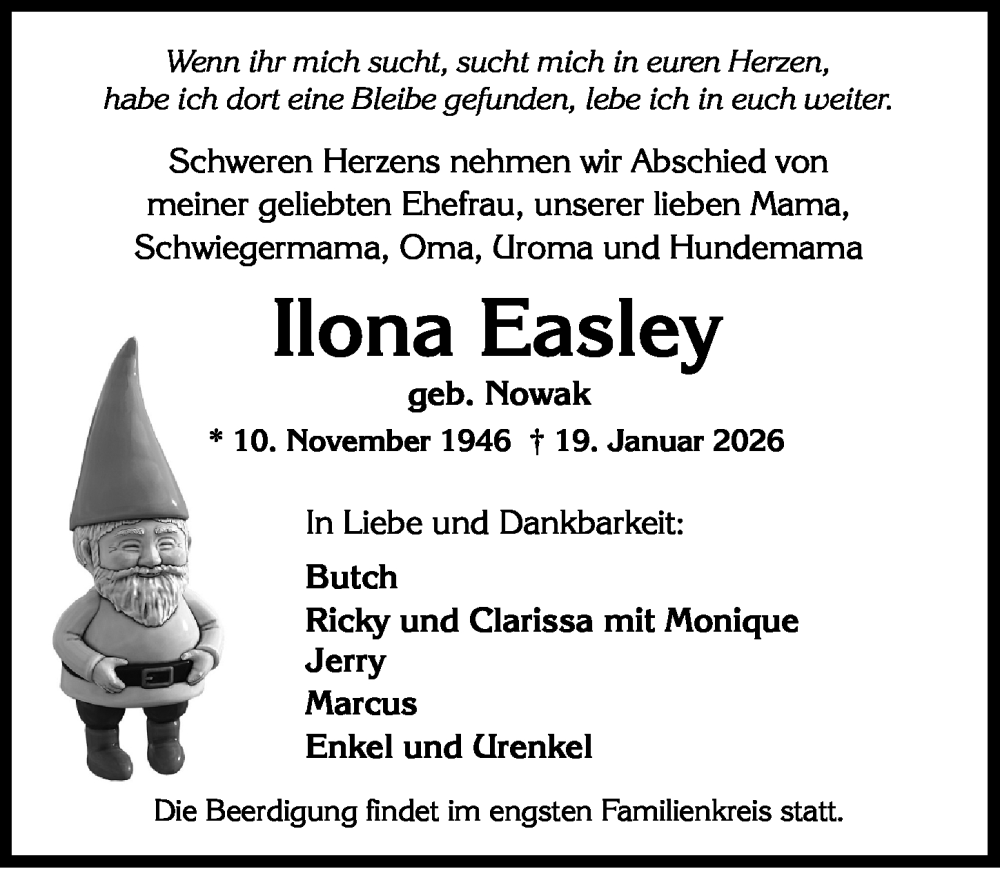  Traueranzeige für Ilona Easley vom 24.01.2026 aus Wiesbadener Kurier