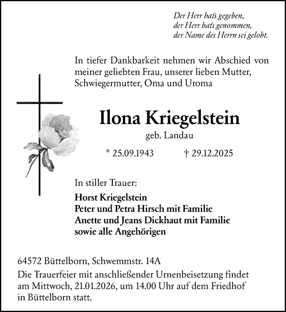  Traueranzeige für Ilona Kriegelstein vom 10.01.2026 aus Groß-Gerauer Echo