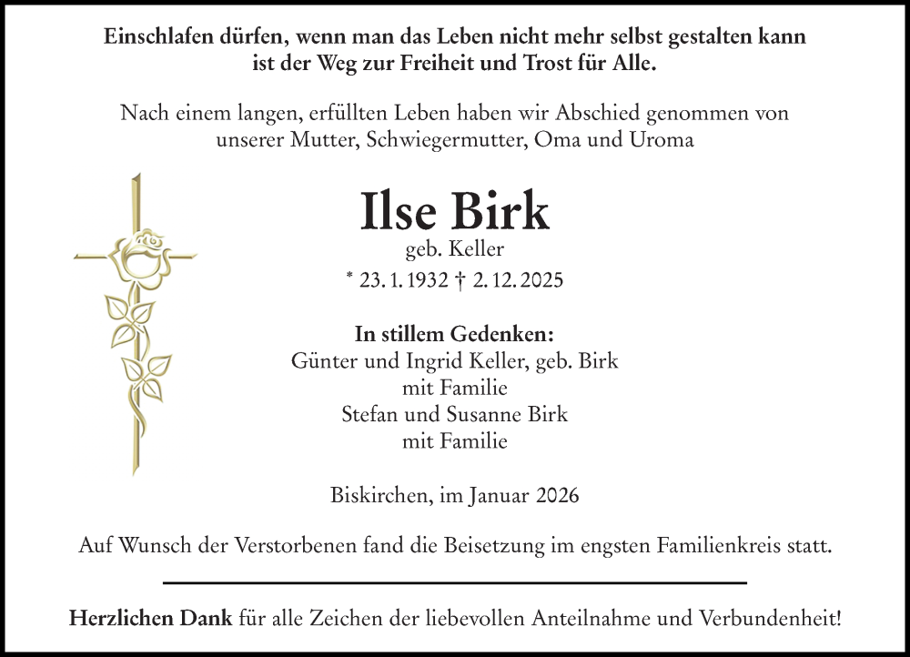  Traueranzeige für Ilse Birk vom 10.01.2026 aus Wetzlarer Neue Zeitung