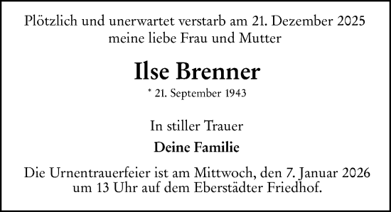Traueranzeige von Ilse Brenner von Darmstädter Echo