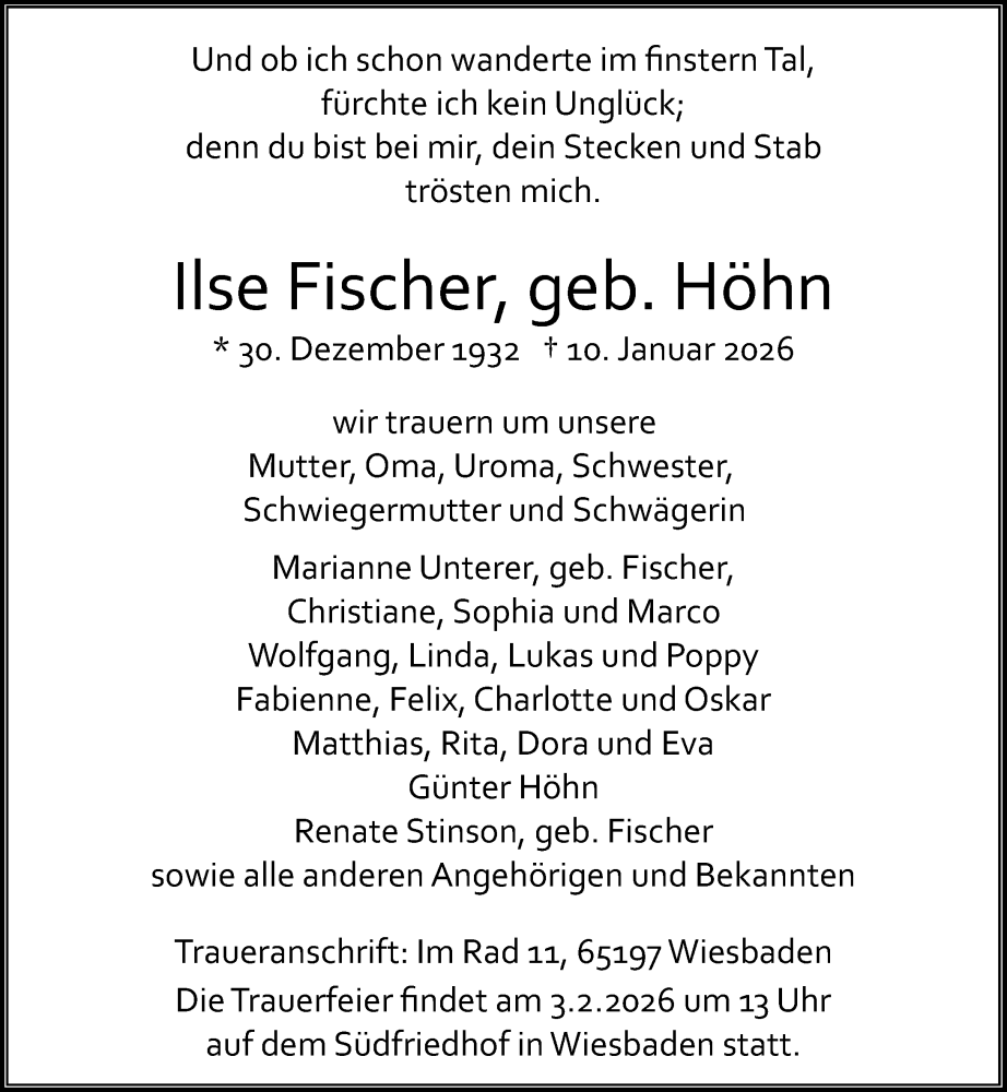  Traueranzeige für Ilse Fischer vom 24.01.2026 aus Wiesbadener Kurier