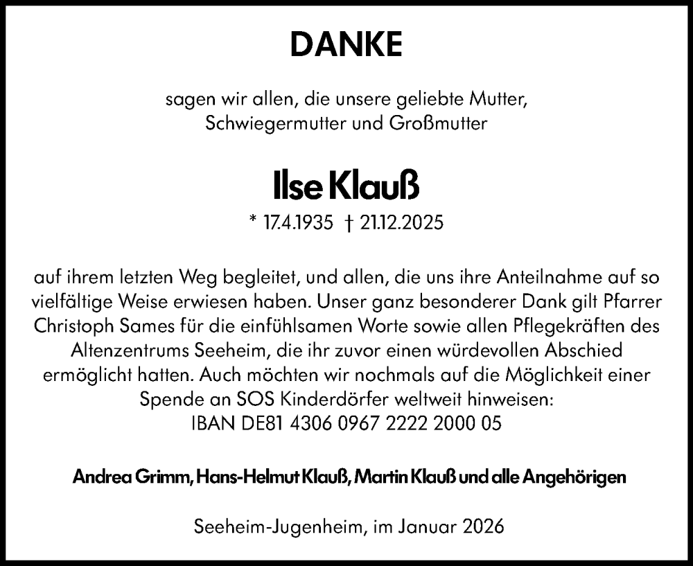  Traueranzeige für Ilse Klauß vom 17.01.2026 aus Darmstädter Echo