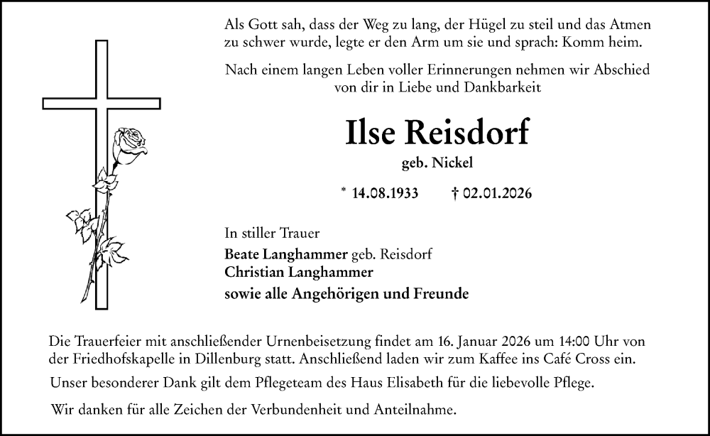  Traueranzeige für Ilse Reisdorf vom 09.01.2026 aus Dill Block