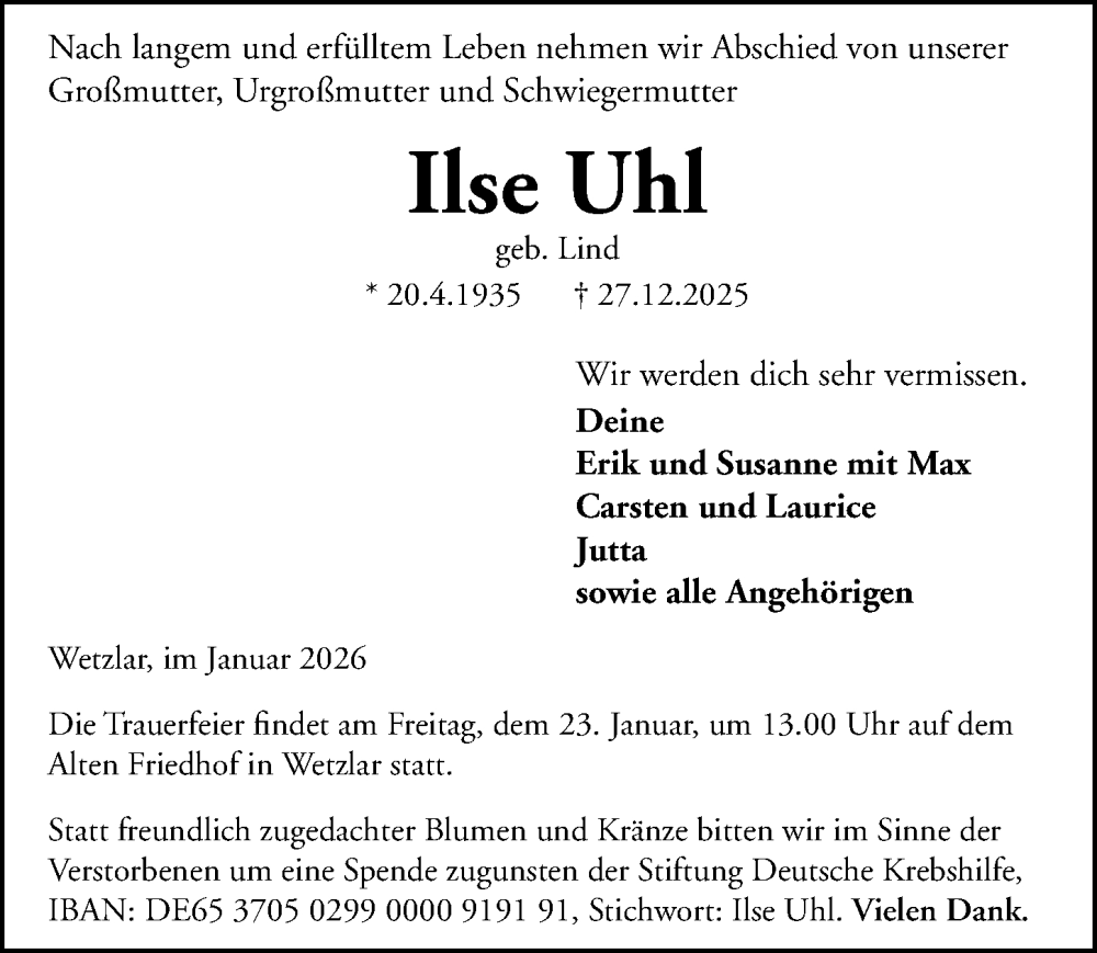  Traueranzeige für Ilse Uhl vom 17.01.2026 aus Wetzlarer Neue Zeitung