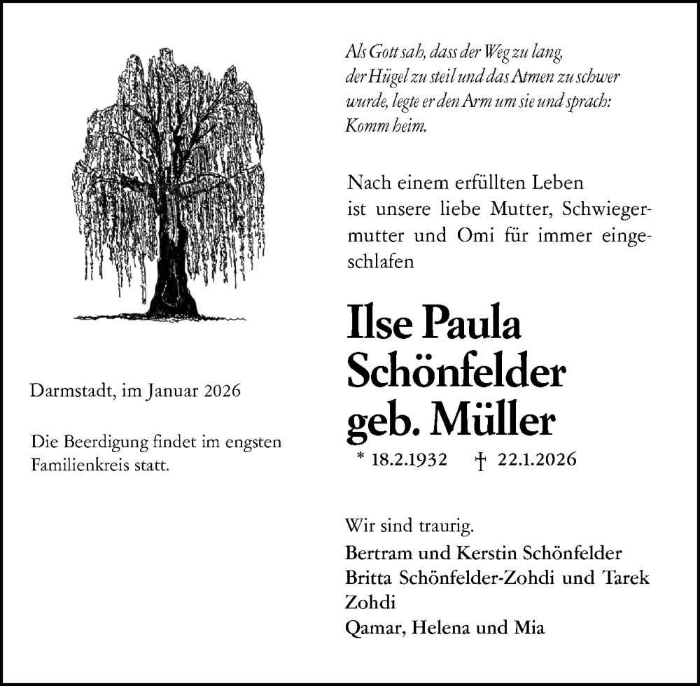  Traueranzeige für Ilse Paula Schönfelder vom 26.01.2026 aus Darmstädter Echo